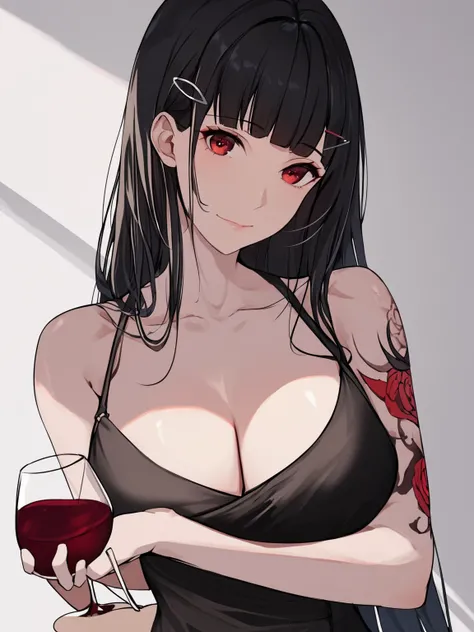 1girl, d (killer wife) (nikke), solo, long hair, looking at viewer, large breasts, black hair, hair ornament, white background, red eyes, holding, closed mouth, cleavage, bare shoulders, collarbone, sidelocks, sleeveless, hairclip, blunt bangs, black dress...