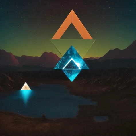 a triangle and a cube, bioluminescent, landscape