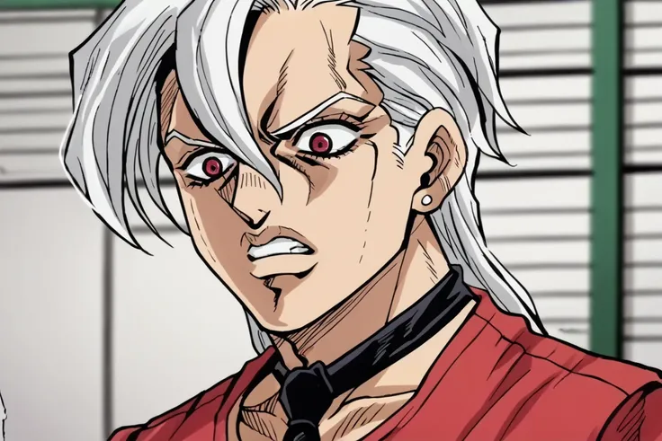 red eyes, 1boy, score_9_up, score_8_up, mangafugo, solo, upper body, white hair, male focus, earrings, blurred background, black necktie, redfugojacket, clenched teeth, confusion, portrait, anime screenshot, subtitles, highres, scene reference<lora:EMS-352...