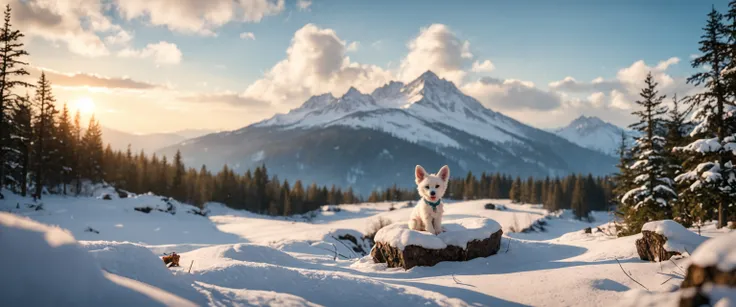 cinematic film still score_9, score_8_up, score_7_up, landscape cute fluffy white labradoodle puppy sitting in snowy winter forest landscape detailed painting 4k . shallow depth of field, vignette, highly detailed, high budget, bokeh, cinemascope, moody, e...