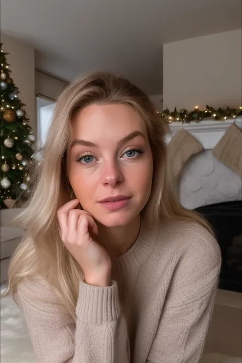 candid portrait of a stunning woman, stunning face, at home for christmas, sweater, facial focus, eyes, 8k uhd