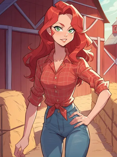 score_9, score_8_up, score_7_up, score_6_up, source_anime, <lora:tendertroupe_v0.1-pony:1.0>
1girl, red hair, green eyes, jeans, plaid shirt, long hair, cowboy shot, barn, farm,
hand on own hip,