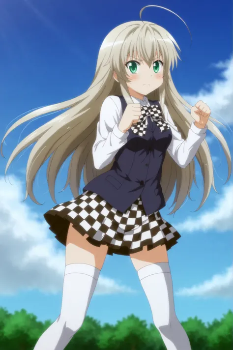 <lora:Nyaruko:0.7>  Nyaruko, 1girl, solo, skirt, thighhighs, bow, outdoors, sky, white_thighhighs, zettai_ryouiki, clenched_hand, checkered_clothes, power_lines, checkered_skirt <lora:sdxl_lightning_4step_lora:1>