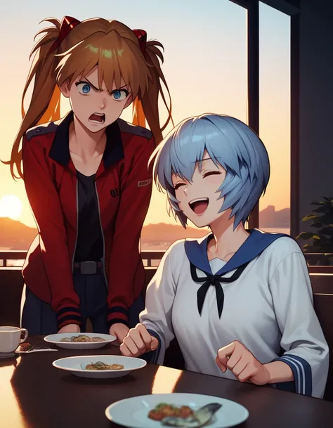 score_9,  score_8_up, score_7_up, source_anime, 2girls, arguing, sunset, table, cinematic lighting BREAK
souryuu asuka langley, angry, open mouth BREAK
ayanami rei, blue hair, laughing, closed eyes