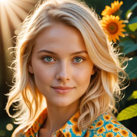 cinematic photo Cinematic film still of an 18-year-old blonde woman with sun-inspired macroscopic patterns. Bright blue eyes. Highlight concentric circles, radiating sunbeams, and floral patterns in her clothing and background, using a summery palette of w...