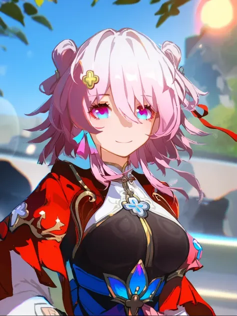 1girl, 
march 7th (honkai: star rail),  
solo, red sleeves, sky, day, depth of field, lens flare, bokeh, chromatic aberration, looking at viewer, blue sky, smile, pink hair, official alternate costume, medium hair, two-tone eyes, hair between eyes, upper b...