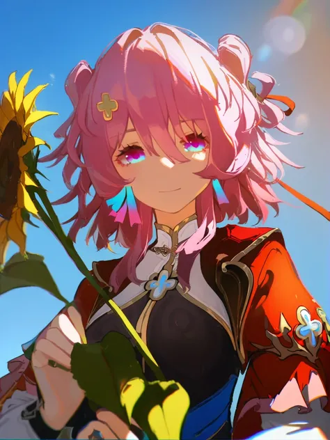 1girl, 
march 7th (honkai: star rail),  
solo, red sleeves, flower, sky, day, depth of field, lens flare, bokeh, chromatic aberration, blue sky, long sleeves, outdoors, holding flower, upper body, pink hair, holding, sunflower, 
  safe
 <lora:mki-ani31-mar...