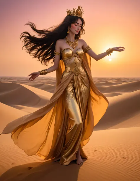 In the heart of a sun-kissed, dusty desert at dusk, Cherryamaru, an ethereal woman clad in a shimmering golden robe that billows dramatically behind her like a sail, stands proudly atop a towering sand dune. Her radiant, dark eyes gaze out across the endle...