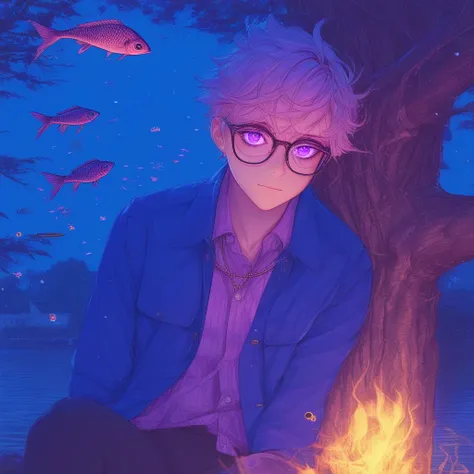 purple eyes, necklace, blue shirt, fish, blush, glasses, tree, coat, fire