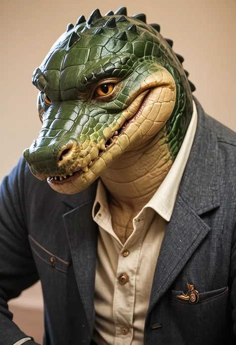 score_9, score_8_up, score_7_up, photo, realistic, anthro, male, crocodile, solo, portrait, happy in the style of beatrix potter