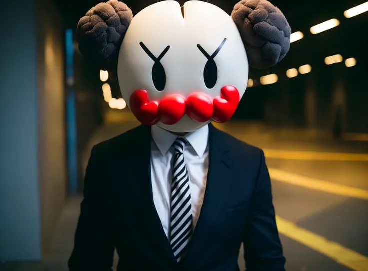 A person wearing a suit with an emoji mask on their face, The mask should cover the entire face, white t-shirt, stripe tie, black pants, (kaws, X_X:1.2),
cinematic lighting, perspective, depth of field