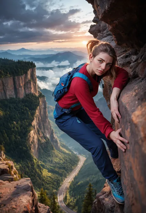 Hyperrealistic art score_9, score_8_up, score_7_up, (photorealistic:1.4), wide angle,  mountain cliff, climber, climbing, grabbing ledge,closeup, very detailed, DRAMATIC LIGHTING, fog . Extremely high-resolution details, photographic, realism pushed to ext...