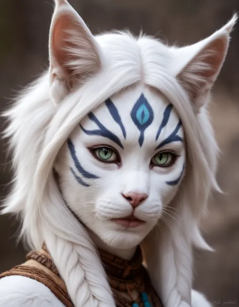 photo, Khajiit female, beautiful, white fur, humanlike face, cat ears, cat eyes, shaman, awardwinning