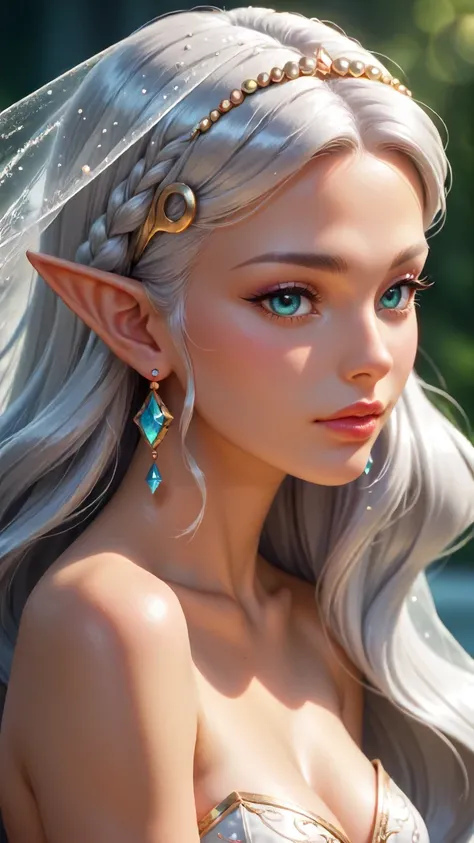 ((score_9), score_8_up, score_7_up), score_6_up, score_4_up, score_5_up, 1girl,  An anime-style closeup portrait of a whimsical elf heroine with long, flowing silver hair adorned with pearl and moonstone hair clips. Her eyes shimmer with an otherworldly li...