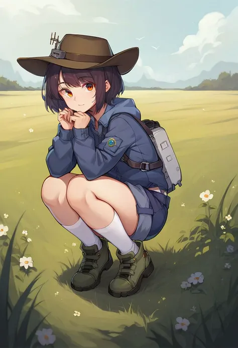 score_9, score_8_up, score_7_up, score_6_up, score_5_up, source_anime，
canberra,
1girl,unifoem,
squatting,field,hat