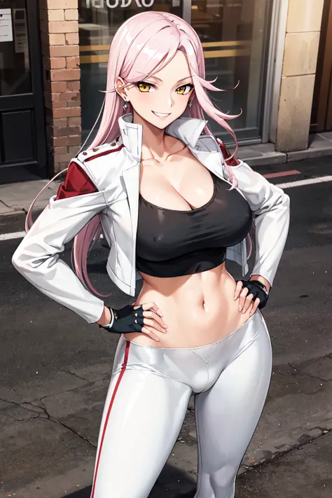 masterpiece, best quality, highres, 1girl, solo, long hair, pink hair, earrings, yellow eyes, large breasts, collarbone, cleavage, crop top, black shirt, cropped jacket, white jacket, fingerless gloves, midriff, white pants, <lora:sagiri_yuko_v1:0.7>, hand...