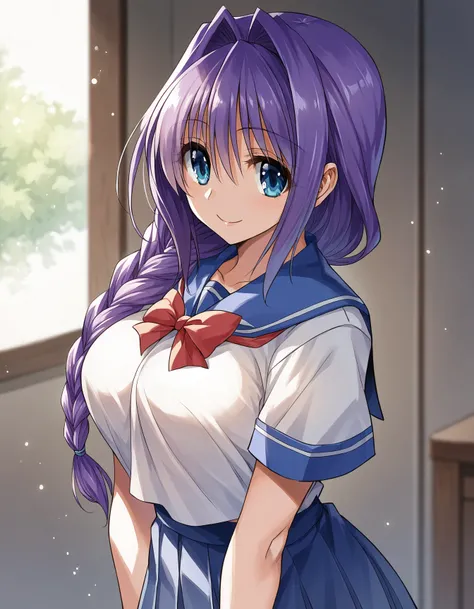 score_9, score_8_up, score_7_up, score_6_up, score_5_up, score_4_up,
BREAK
source_anime,1girl, solo, smile,
school uniform,
minase akiko,  purple hair, blue eyes, single braid, large breasts, <lora:MitarashiKousei:0.8>