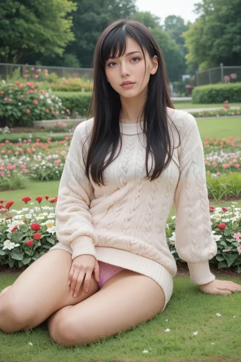 score_9,score_8_up,score_7_up, 20 years old, 8k, hd, beautiful girl, black hair, long hair,
1girl, beautiful womans face, sweater, short skirt, outdoors, garden, full of grass, very small unknow flowers, sitting on grass, cinematic light, looking at viewer...