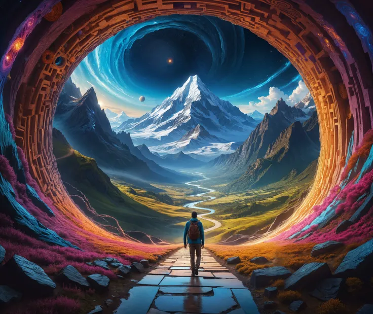 a man walking through a tunnel in space time,swirls and glimpses of other places and dimensions,with a mountain in the background,psytrance artwork,progressive rock album cover,beautiful avatar pictures,cryptocurrency in the background,entering the mind ma...