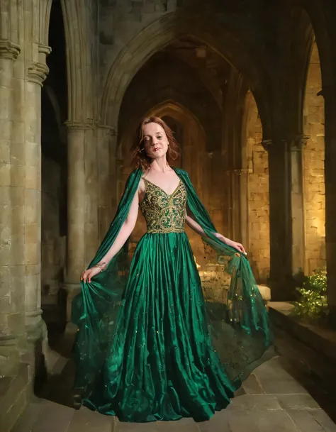 In the dimly lit, hazy ambiance of a Gothic cathedral at twilight, Harriet Slater stands in a mesmerizing pose, her ethereal beauty bathed in shadows that dance upon the ancient stone walls, clad in an emerald silk gown adorned with intricate gold embroide...