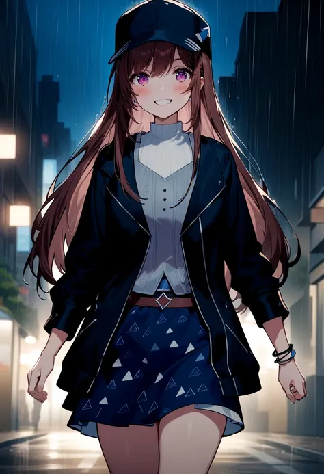 Cocoa-outfit3,running,straight-on,street,dark,night,rain,hat,smile,focused,<lora:cocoaV6-000016:1>,shade,cowboy shot,, masterpiece,best quality,very aesthetic,absurdres,incredibly absurdres,,<lora:add_detail:1>,cinematic light,