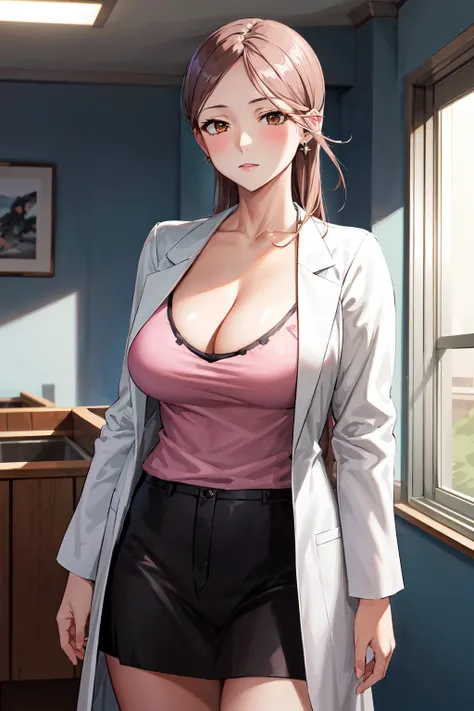 masterpiece, best quality, highres, 1girl, solo, long hair, brown hair, earrings, brown eyes, large breasts, cleavage, labcoat, long sleeves, pink shirt, black skirt, <lora:sagiri_yuko_v1:0.7>, standing, cowboy shot, indoors, arms at sides,