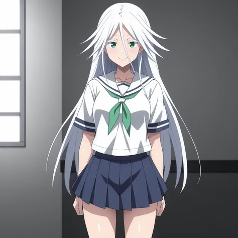 <lora:KuroAgehaXLpony002>,
smile,
solo,
KuroAgeha,1girl,white hair,long hair,colored eyelashes,green eyes,
serafuku,white shirt,pleated_skirt,
standing,