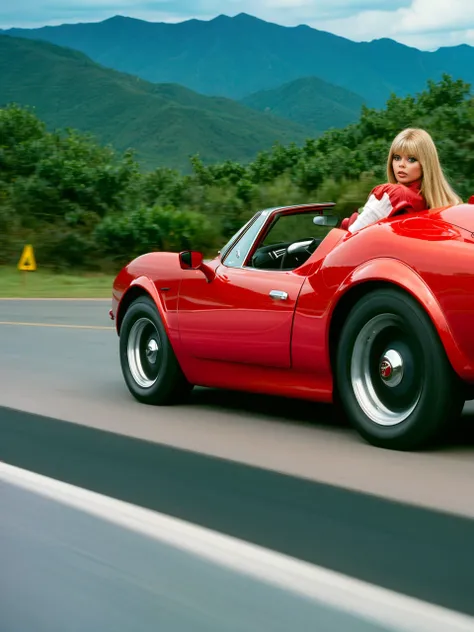 <lora:BrittEklund:1> decently clothed girl britt ekland driving a red sportscar, high quality, masterpiece