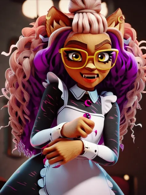 score_9, score_8_up, score_7_up, score_6_up, score_5_up, score_4_up, Clawdeen_PonyXL, body fur, maid uniform, yellow-framed eyewear, <lora:Clawdeen-v1:0.8>