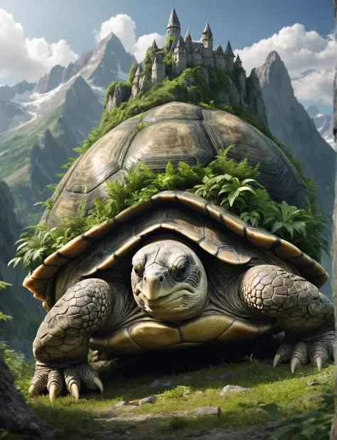 a mountain in the form of a turtle, overgrown, giant, epic