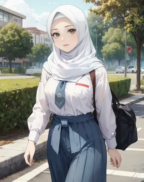 Photo of an beautiful woman, pretty face, (white hijab), young, seragamsmahijab, <lora:SeragamSMAHijab_v1:1>, walking, school, waist up shot