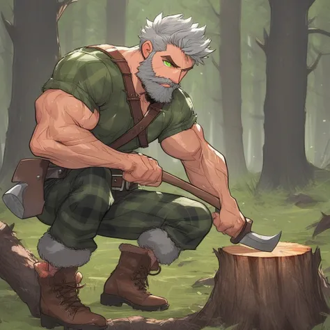 a boy, beard, short hair, gray hair, green eyes, lumberjack clothes, in a forest, hand axe, cutting trees, muscular