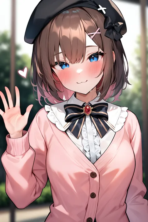 masterpiece, best quality, very aesthetic, absurdres, 1girl,  bow, cardigan, hair ornament, small breasts, center frills, upper body, blue eyes, hat, shirt, :3, pink cardigan, brown hair, blush, x hair ornament, looking at viewer, white shirt, brooch, bang...