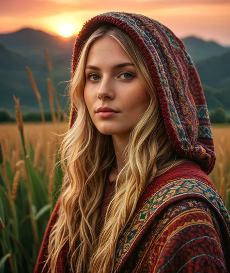 cinematic photo Create a vivid description capturing the essence of a slender blond hippy women with wearing a boldly patterned chunky knit hooded Cape, It gazes directly at the camera, in a festival field pf tall golden corn. The surreal scene is further ...