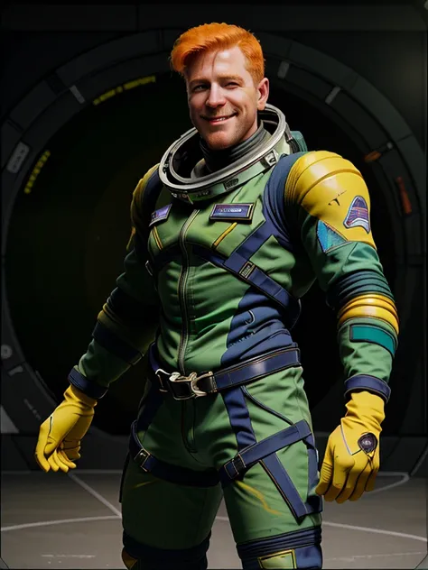 <lora:60sec_v2:1> 60sec, Baby Bronco, smile, green spacesuit with yellow gloves, realistic, cinematic lighting, realistic detailed textures, best quality, high resolution, masterpiece photo, correct anatomy detailed drawn facial features