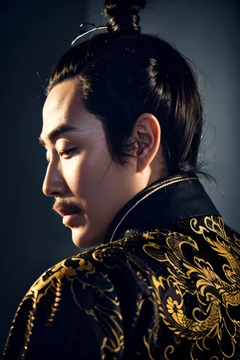 <lora:daoming1.0:0.75>,daoming,1boy,solo,male focus,short hair,closed mouth,topknot,hair stick,beard,
(dragon print:1.2),chinese clothes,black chinese clothes,
looking to the side,
profile,from behind,black background,upper body,
masterpiece,best quality,u...