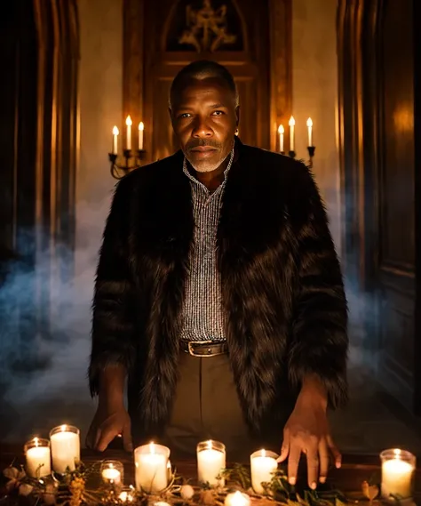 beautiful and sharp man African late 60s grandfather vampire in gothic elegant Halloween skeleton makeup, surrounded by candles in a castle with mist and led dynamic lightings, stone interior design, hardwood mahogany plants and beautiful windows to secret...