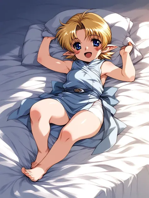 score_9, score_8_up, score_7_up, source_anime, rating_explicit, BREAK  <lora:YU-NO_XL:1>
YU-NO, blonde hair, blue eyes, pointy ears, short stack,
1girl, soro, short hair, barefoot, lying, blush, open mouth, bed sheet, smile, bed,