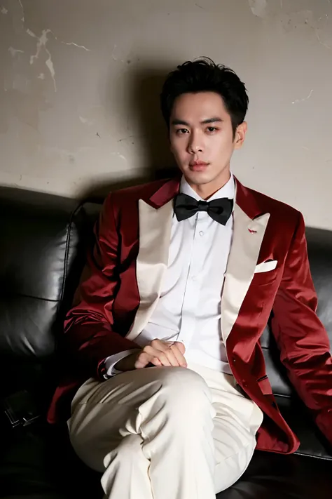 <lora:ruoyun1.0:0.8>,ruoyun,(male focus:1.2),(1boy:1.2),solo,black hair,black eyes,bow,
white shirt,long sleeves,red suit,formal,black bowtie,traditional bowtie,black pants,
sitting,crossed legs,
couch,
masterpiece,best quality,ultimate details,highres,8k,...