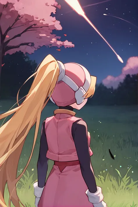 source_anime, score_9, score_8_up, score_7_up, cielbase, helmet, blonde hair, very long hair, ponytail, pink vest, pink dress, bodystocking, arm stockings, pink skirt, white gloves, standing, upper body,
BREAK night, grass, green leaves, tree, forest, mete...