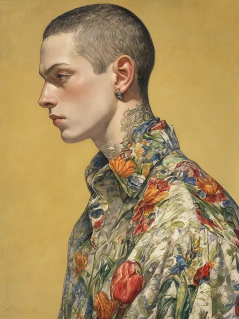 A young person with very short hair,wearing a detailed floral shirt with a high neck. The background is a field of tulips,and their expression is thoughtful and serious,
ddpapa,<lora:Detail_Adamov_V1:0.7>,, masterpiece, best quality,