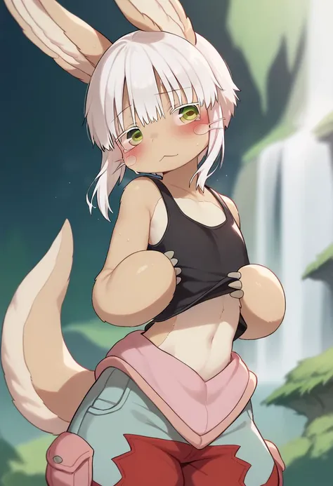 score_9,score_8_up,score_7_up, 
1girl, nanachi, (made in abyss)/,(ultra HD quality details), green eyes, white hair, furry, animal ears, tail, sidelocks
short hair, animal ears,
puffy pants,
solo, outdoors, depth of field, blushing, on a date, beautiful, s...