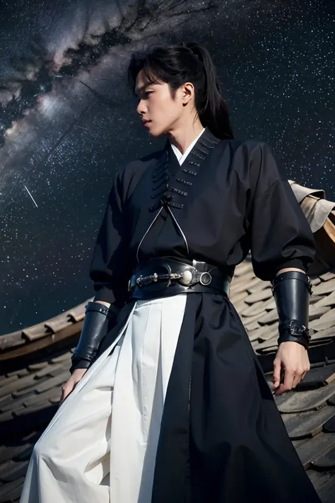 <lora:ruoyun1.0:0.75>,ruoyun,1boy,solo,looking to the side,black hair,long hair,ponytail,hair ornament,profile,
black chinese clothes,belt,
standing,full body,(on roof:1.2),
outdoors,(night:1.2),(starry sky:1.2),cloudy sky,
masterpiece,best quality,ultimat...