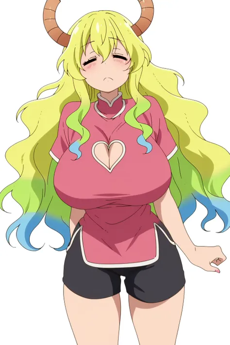 Score_9, Score_8_up, score_7_up, score_6_up, official style, anime screencap, 1girl, solo, lucoa, huge breasts, white background, eyes closed, pink shirt, black shorts, heart cutout<lora:EMS-395096-EMS:0.800000>