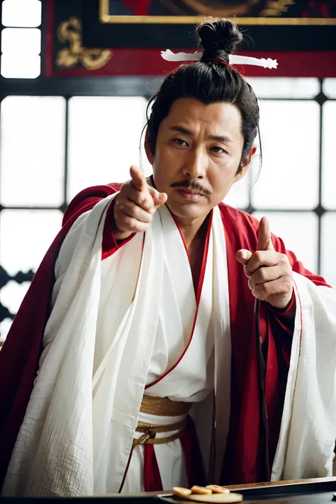 <lora:daoming1.0:0.75>,daoming,1boy,solo,male focus,looking to the side,black hair,topknot,facial hair,mustache,
red clothing,white robe,hanfu,red pants,
pointing at viewer,
indoors,
masterpiece,best quality,ultimate details,highres,8k,wallpaper,extremely ...