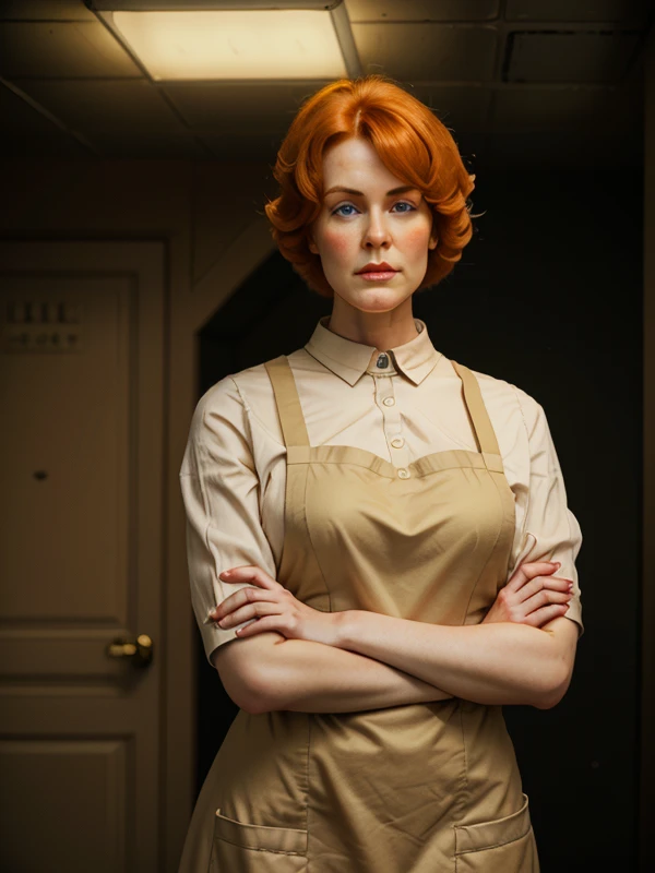 <lora:60sec_v2:1> 60sec, Dolores, tall woman, wearing a beige dress and apron, arms crossed, ginger hair, realistic, photo, correct anatomy, detailed facial features, spot smooth lighting, one light bulb on the ceiling, warm colors, dark surrounding, fallo...