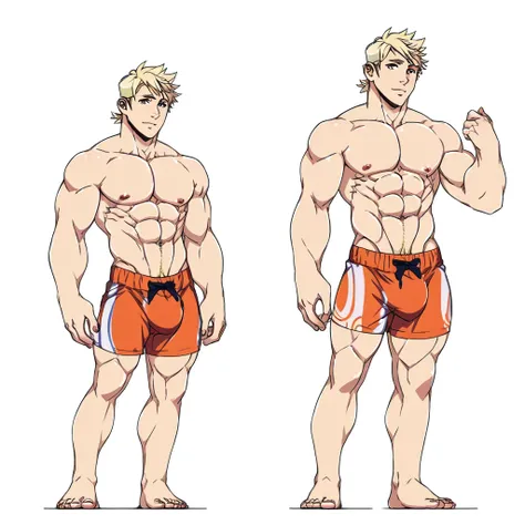 score_9, score_8_up, score_7_up,  anibody, FULL BODY,conceptart, multiple views, reference sheet,1boy, male focus, solo, muscular, blonde hair, abs, muscular male, pectorals, nipples, bara, 