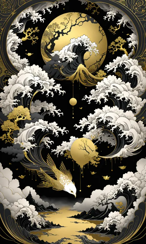 Dark clouds, black and white, self-reflection, integrity, the dark river, soaring, By Hokusai and James Gurney + Black paper with Intricate and vibrant Gold line work:: Tarot Card:: Mandelbulb fractal + Full of Golden layers + Trending on Artstation + Incr...