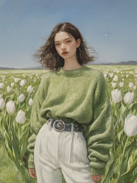 A young person with shoulder-length hair,wearing a light green sweater and white pants. They are standing in a field of white tulips,with the wind blowing through their hair,looking calm and composed against a clear blue sky,
ddpapa,<lora:Detail_Adamov_V1:...