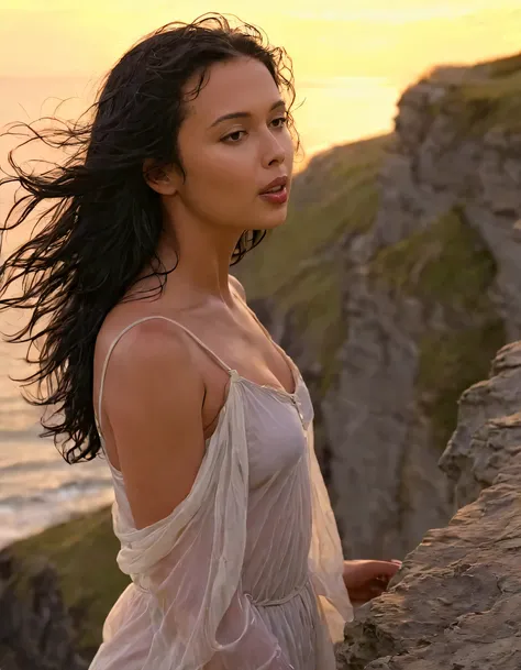 In the glorious, golden light of a setting sun, a single girl with raven-black hair stands alone on a windswept cliff, her ethereal beauty captured in a breathtakingly realistic portrait that celebrates the solitude and strength of womanhood. gloriouss <lo...